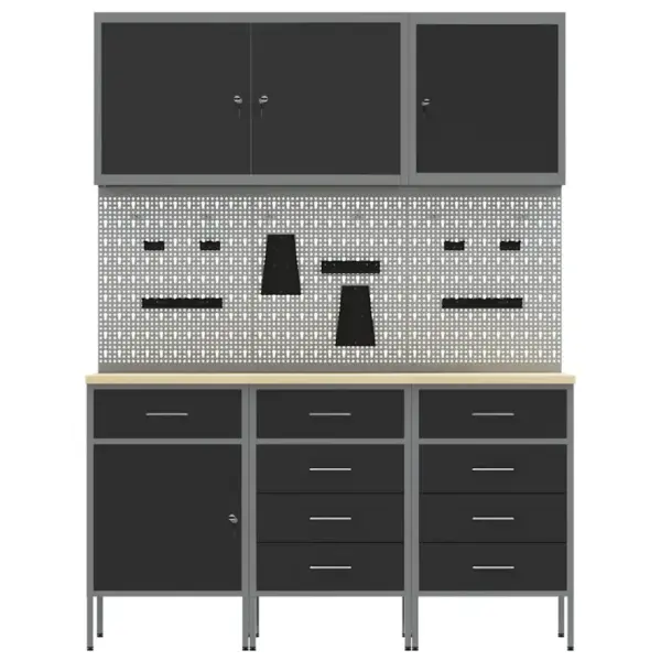 Töökojakappide komplekt 9 sahtliga, lukustatav, must, töödeldud puidust ja terasest, 150 x 55 x 200 cm - 8