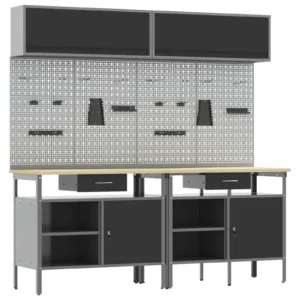 Töölauakomplekt pegboardide ja lukustatavate kappidega, 8 osa, must ja hall pulbervärvitud teras, 200 x 55 x 200 cm