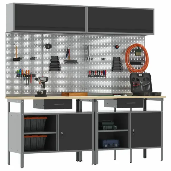 Töölauakomplekt pegboardide ja lukustatavate kappidega, 8 osa, must ja hall pulbervärvitud teras, 200 x 55 x 200 cm – 2