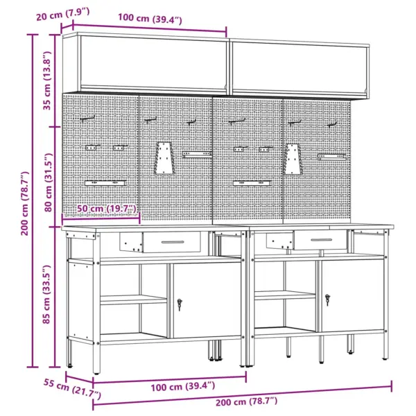 Töölauakomplekt pegboardide ja lukustatavate kappidega, 8 osa, must ja hall pulbervärvitud teras, 200 x 55 x 200 cm – 8