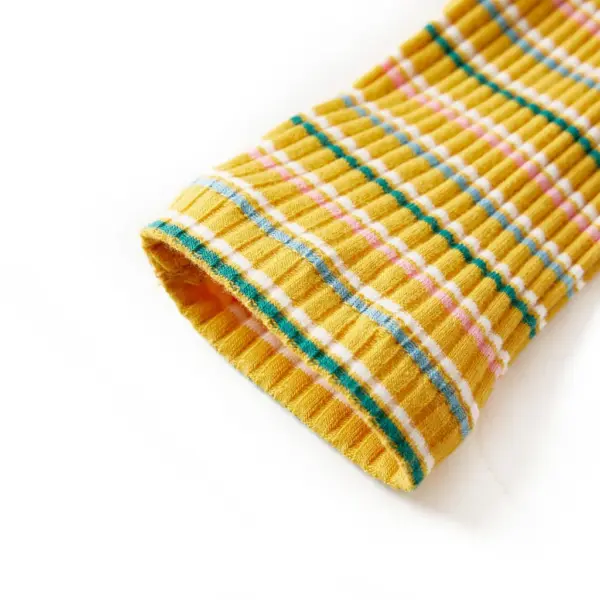 Soonikkoes triibuline laste särk pikkade varrukatega, poolkõrge kaelusega, ooker, suurus 104 – 5