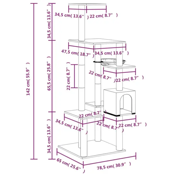 Mitmetasandiline kassimaja sisalköiega kraapimispostidega, tumehall plüüs, 78,5 x 65 x 142 cm – 7