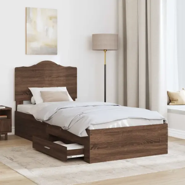 Ühe inimese voodiraam sahtliga ja peatsiga, pruun tamm, tehispuit, 100 x 200 cm – 3