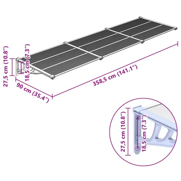 Uksevarikatus polükarbonaadist, hall ja läbipaistev, 358,5 x 90 cm – 6