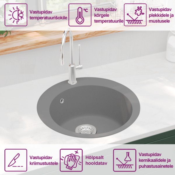 Ümmargune ühe süvendiga graniitkomposiit köögivalamu, hall, 505 x 505 mm, kapisisene paigaldus – 9