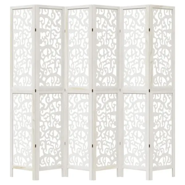 Valge 6-paneeliline ruumijagaja dekoratiivsete mustritega, paulowniapuidust raamiga, 220 cm – 4