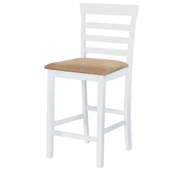 Valge puidust baarilaud ja 4 baaritooli komplekt, beež iste, laud 110 x 60 x 90,8 cm – 3
