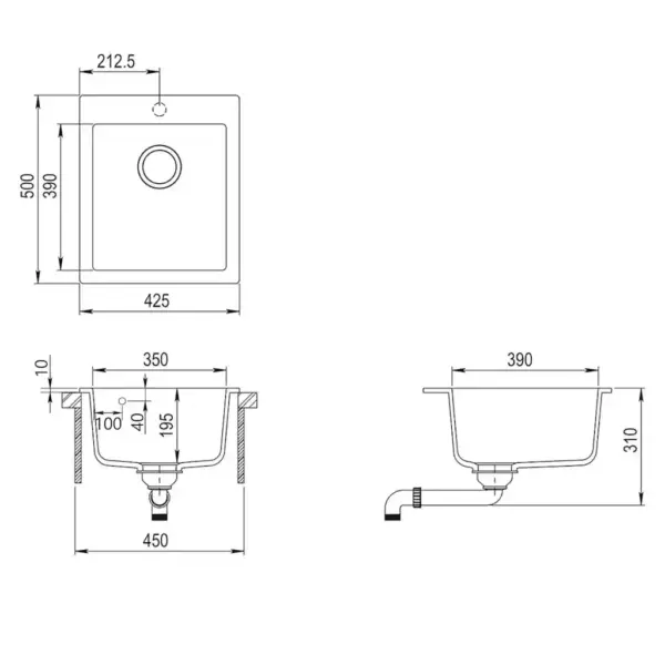 Pealepaigaldatav köögivalamu, valge graniitkomposiit, 425 x 500 mm – 7