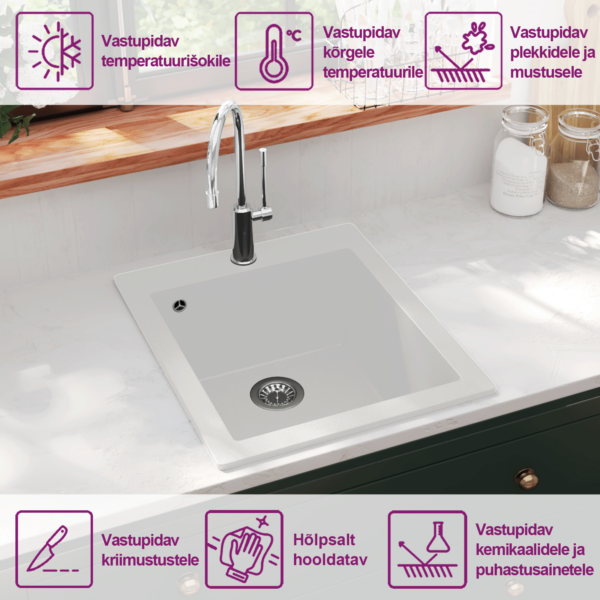 Pealepaigaldatav köögivalamu, valge graniitkomposiit, 425 x 500 mm – 9