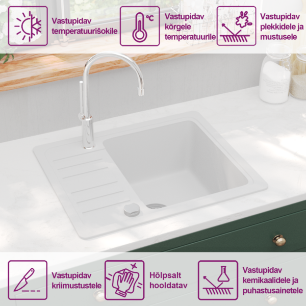 Ühe valamuga köögivalamu nõrutusalaga, graniitkomposiit, valge, 575 x 460 mm – 9