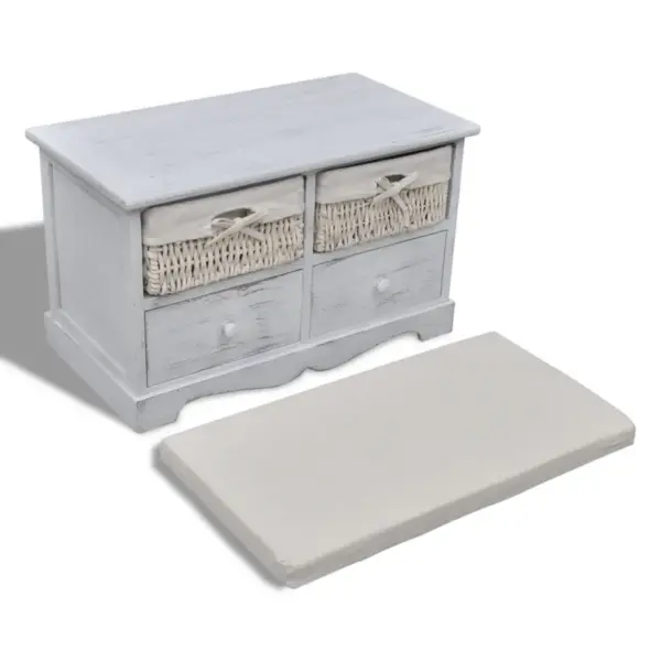 Valge hoiupink istmepadja, korvide ja sahtlitega, paulowniapuit, 62 x 33 x 42 cm – 5