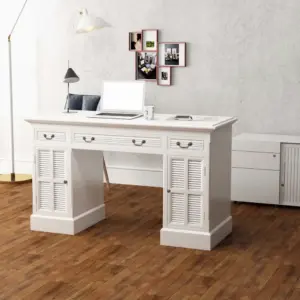 Valge kirjutuslaud kolme sahtli ja kahe kapiga, MDF ja männipuit, 140 x 48 x 80 cm