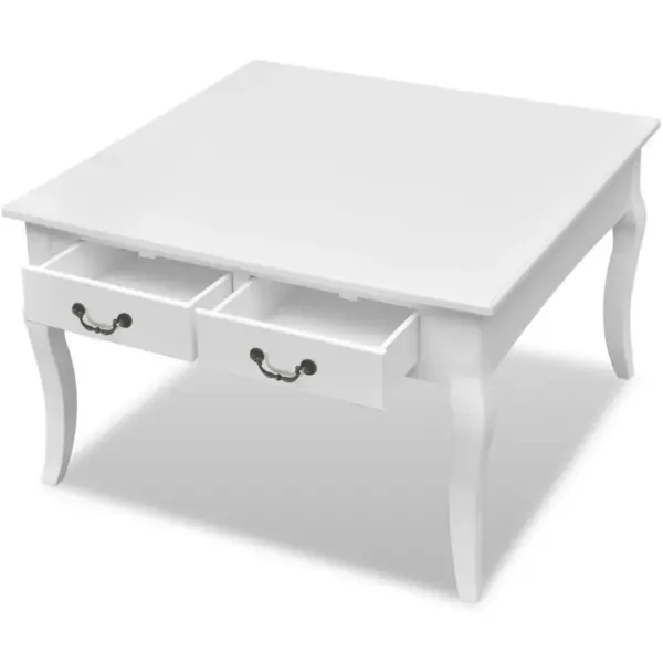 Valge kohvilaud 4 sahtliga, MDF ja männipuit, 80 x 80 x 50 cm – 3