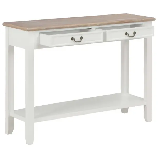 Valge konsoollaud kahe sahtli ja riiuliga, männipuidust jalgadega, 110 x 35 x 80 cm – 2