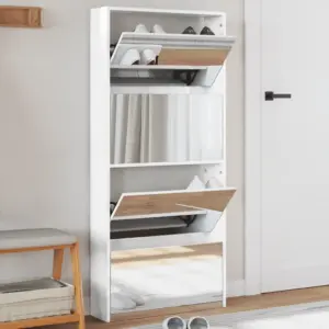 Kõrgläikega valge kingakapp peegelustega ja 4 allatõmmatava sahtliga, 63 x 17 x 134 cm