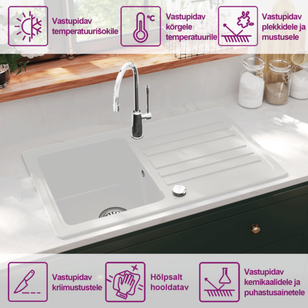 Kvarts-komposiit köögivalamu kuivatusalusega, 1-kausiline, valge, pealepaigaldatav, pööratav, 765 x 460 mm – 9