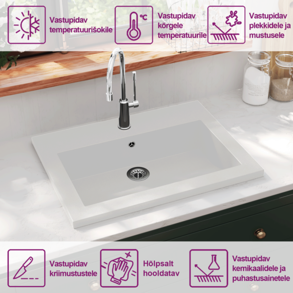 Tööpinnapealne valge kvartsvalamu ülevooluga, 600 x 450 x 120 mm – 9