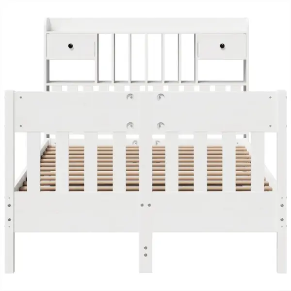 Valge täismännipuidust voodiraam hoiusektsioonide ja 2 sahtliga, liistudega põhi, ilma madratsita, sobiv madrats 135 x 190 cm, 218,5 x 141 x 110 cm – 4