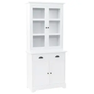 Valge puhvetkapp vitriini, 4 ukse ja 2 sahtliga, MDF ja männipuit, 80 x 40 x 180 cm