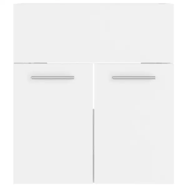 Valge vannitoamööbli komplekt valamukapi, kõrge kapi ja peegliga, puitlaastplaat, sisseehitatud keraamilise valamuga – 12