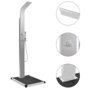 Välidušikomplekt dušipaneeli ja WPC alusega, vihmadušš ja käsidušš, harjatud roostevaba teras, hõbedane/hall