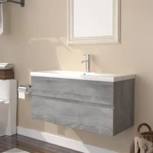 Seinale kinnitatav vannitoa valamukapp sisseehitatud keraamilise valamuga, hall Sonoma tamm, 90 cm