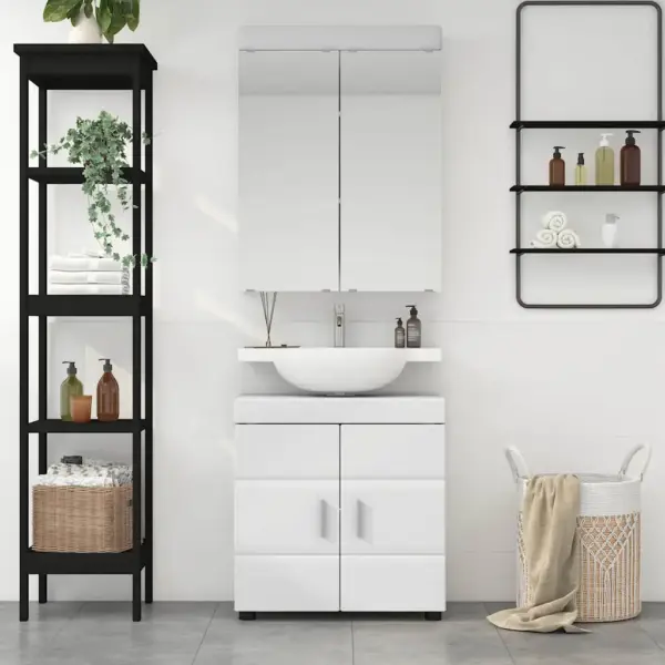 Vannitoakappide komplekt Tulum, valge matt tehispuit, 60 cm, aluskapp ja peegelkapiga – 4