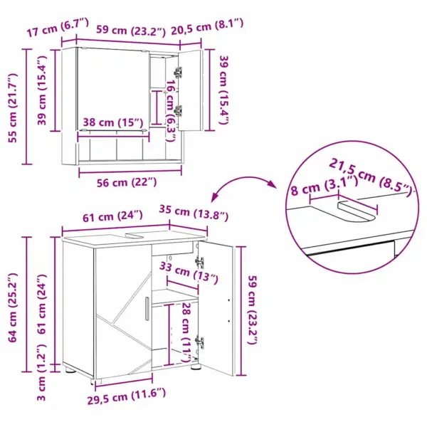 Vannitoamööbli komplekt kraanikausi- ja peeglikapiga, must tehispuit ja metall, 2 osa – 13