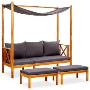 Varikatusega akaatsiapuidust aiapingi komplekt jalatugedega, tumehallid padjad