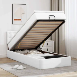 Voodialuse panipaigaga tõstemehhanismiga üheinimese voodi madratsi ja kattemadratsiga, valge kunstnahk, 100 x 200 cm