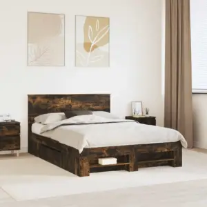 Voodiraam peatsiga, suitsetatud tamme tooni tehispuit, 140 x 200 cm