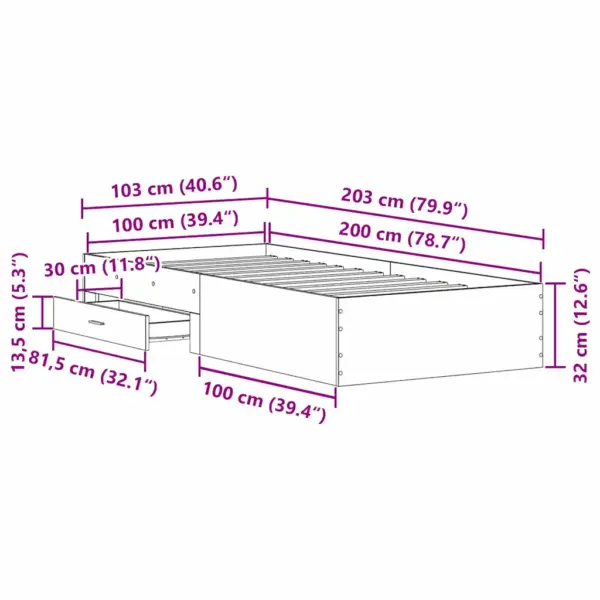 Lai üheinimese voodiraam sahtliga, must tamm, 100 x 200 cm, tehispuit – 9