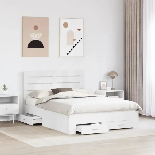 Valge tehispuidust voodiraam sahtlite ja peatsiga, 150 x 200 cm - 3