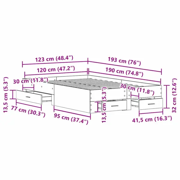 Voodiraam sahtlitega, vana puidu toon, tehispuit, 120 x 190 cm, liistudega põhi, kandevõime 220 kg – 10