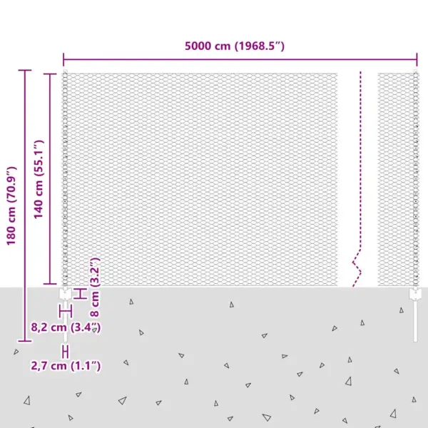 Võrkaia komplekt postidega, hõbedane teras, 1,4 x 50 m – 12