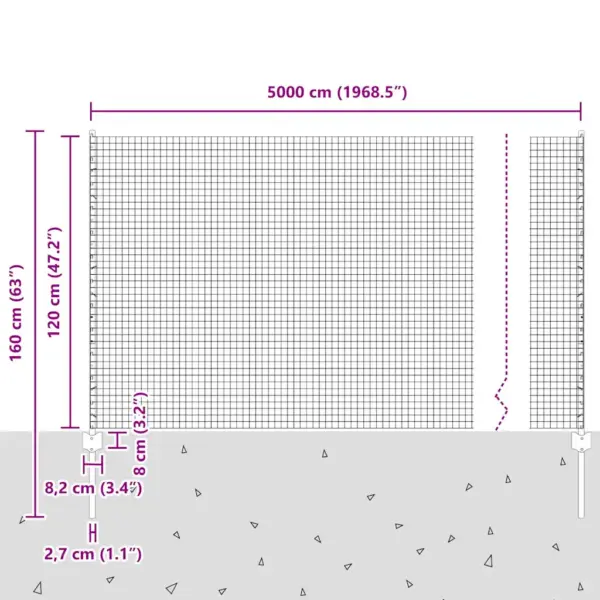 Võrkaiakomplekt postidega, hõbedane teras, 1,2 x 50 m, 88 posti ja kinnitusdetailid – 12