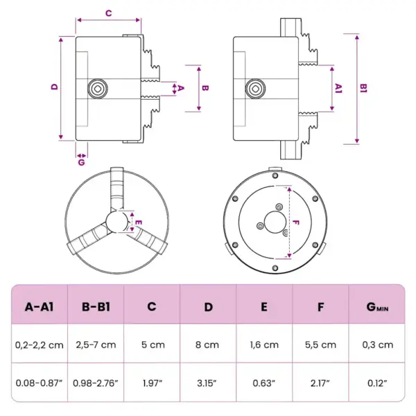 Isetsentreeruv 3-haaratsiline treipingi padrun 80 mm, HT300 teras – 9