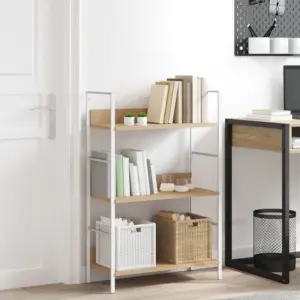 3-korruseline raamaturiiul tamm/valge, tehispuit ja teras, 60 x 27,6 x 90,5 cm