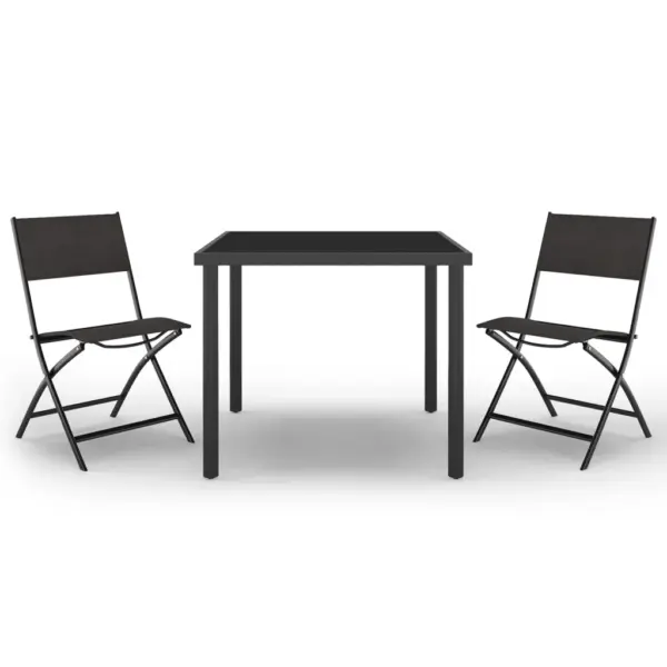 3-osaline terasest aiamööbli komplekt, laud karastatud klaasplaadiga 80 x 80 cm, textilene-kangast toolid, must – 2