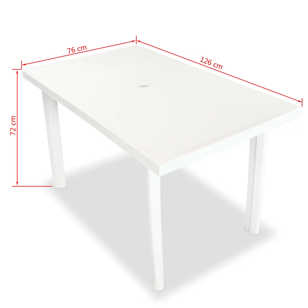 5-osaline aiamööbli komplekt kokkupandavate toolidega, päevavarju avaga plastlaud, valge, laud 126 x 76 cm