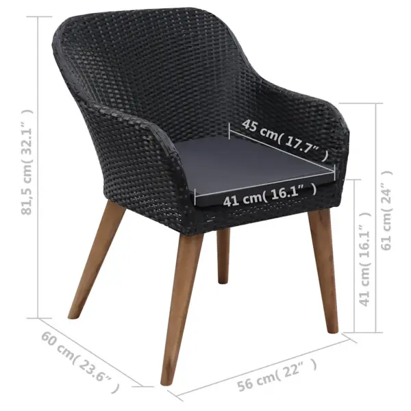 7-osaline aiamööbli komplekt akaatsiapuidust lauaga, mustad PE-rotangtoolid, tumehallid padjad – 12