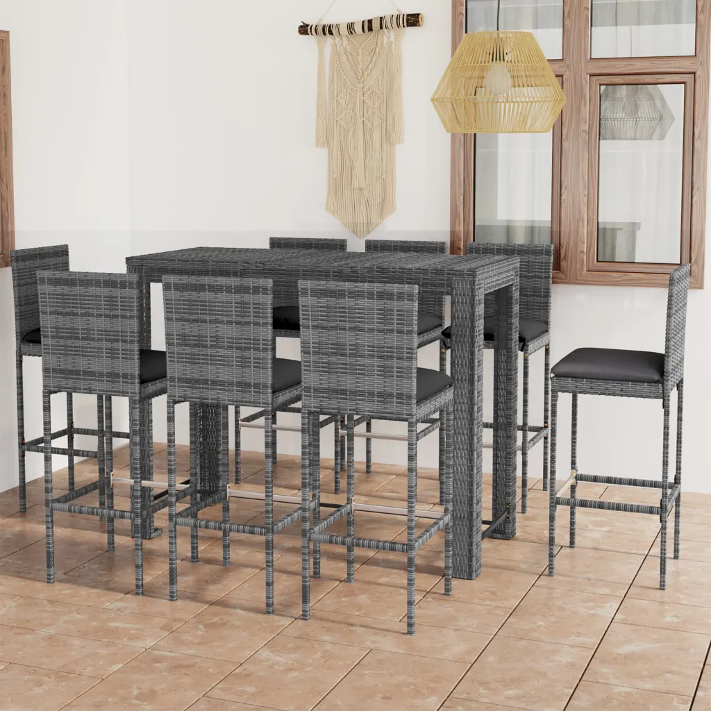 9-osaline aiamööbli baarikomplekt polürotangist, hall, antratsiithallide patjadega, laud 140,5 x 60,5 cm