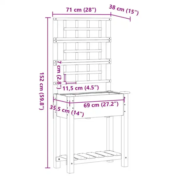 Aia istutuskast trellise ja riiuliga, beež kuusepuit, 71 x 38 x 152 cm – 10