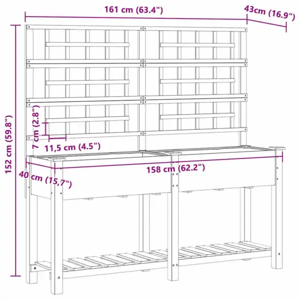Beež kuusepuidust aia istutuskast trellise ja riiuliga, 161 x 46 x 152,5 cm – 10