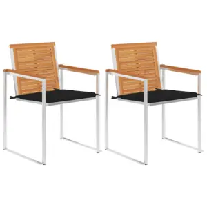 Aiatoolid käetugedega mustade patjadega, 2 tk, akaatsiapuit ja roostevaba teras, 60 x 56 x 85 cm