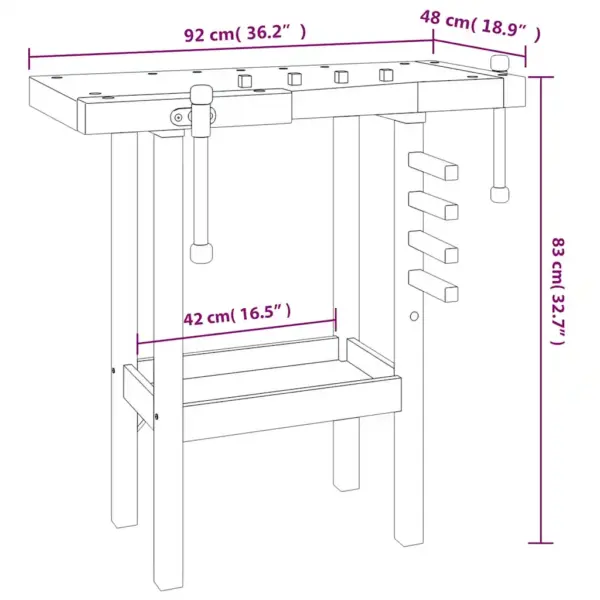 Akaatsiapuidust tööpink kruustangidega, riiuliga, (84–92) x (40–48) x 83 cm – 9