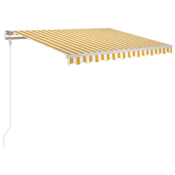 Automaatne terrassimarkiis LED-valgustuse ja tuuleanduriga, 350 x 250 cm, kollane-valge, valge alumiiniumraam – 2