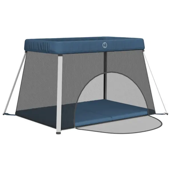 Kokkupandav beebi mänguaedik madratsiga, tumesinine linane kangas, 110 x 82 x 67 cm – 4