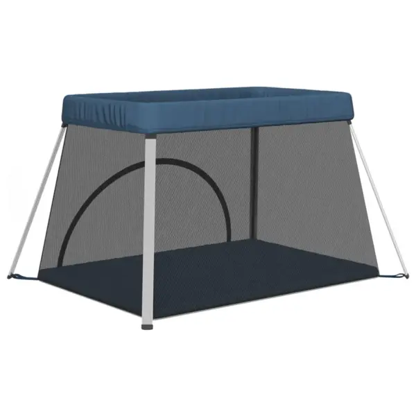 Kokkupandav beebi mänguaedik madratsiga, tumesinine linane kangas, 110 x 82 x 67 cm – 6