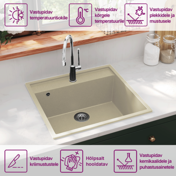 Köögivalamu ülevooluavaga, beež graniitkomposiit, 530 x 500 mm – 10